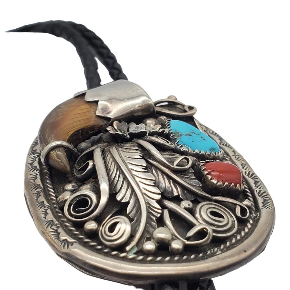 Navajo Sterling Silver Bolo Tie Turquoise Coral Native American Verdy Jake SW - Picture 8 of 13